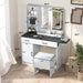 Farmhouse Makeup Vanity Desk with Mirror and Lights | Large Makeup Vanity Table with Power Outlet, Drawers and Cabinet with Storage Bench for Women Girls, Black