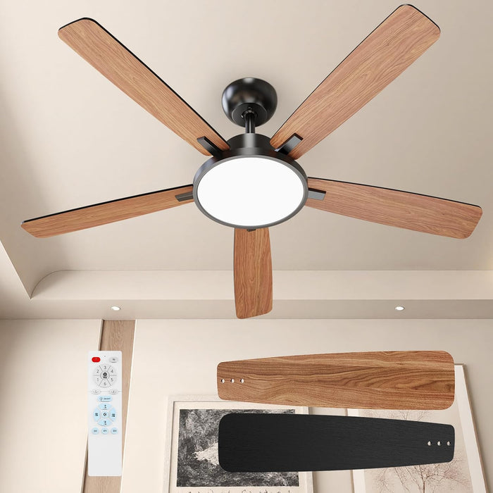 52 Inch Black Ceiling Fans with Lights Led Remote Control Flush Mount Low Profile for Bedroom Living Dining Room Outdoor Farmhouse Patio,Reversible,Dc Motor,Diammable,Buzzer On/Off,5 Blades