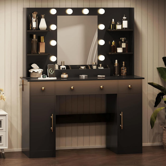 Vanity Desk with Mirror and Lights, Makeup Vanity with Mirror and LED Lights & Power Outlet, 3 Drawers and Cabinets, 3 Lighting Modes Dressing Table Set for Girls Women Bedroom,Black