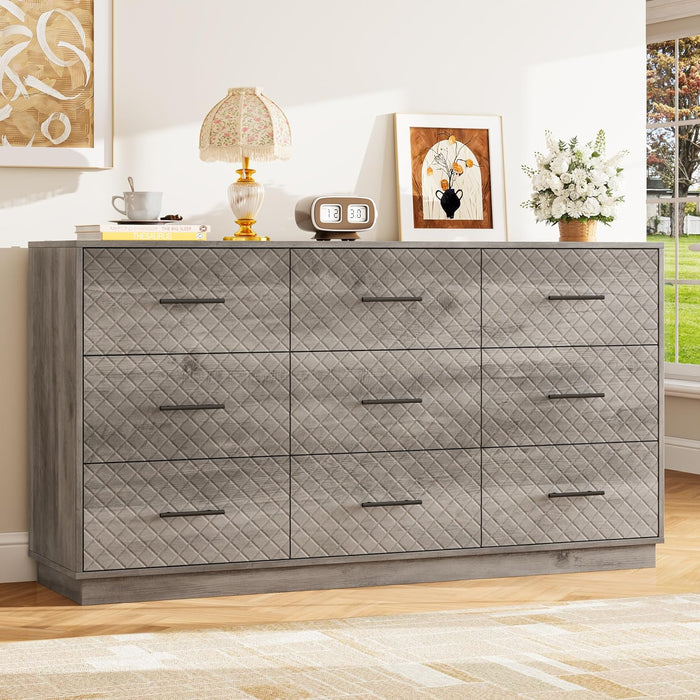 9 Drawers Dresser for Bedroom, 58” Wide Modern Chest of Drawers with Diamond Panel, Anti-Tipping Device, Wood Stable Storage Organizer for Bedroom, Nursery, Living Room
