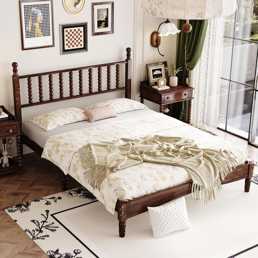 Walnut Wood Bed Frame Queen Size with Spindle Headboard, Queen Platform Bed with Wooden Slat Support, Retro Style Spindle Beds for Boys Girls Kids Adults Toddler, Easy Assembly