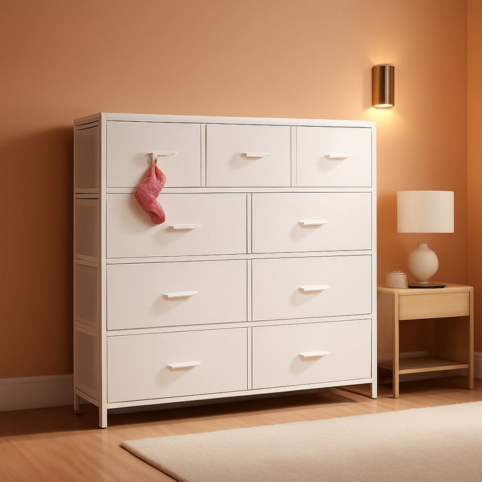 9-Drawer Dresser, Fabric Storage Tower for Bedroom, Hallway, Closet, Tall Chest Organizer Unit for Bedroom with Fabric Bins, Steel Frame, Wood Top, Easy Pull Handle, White