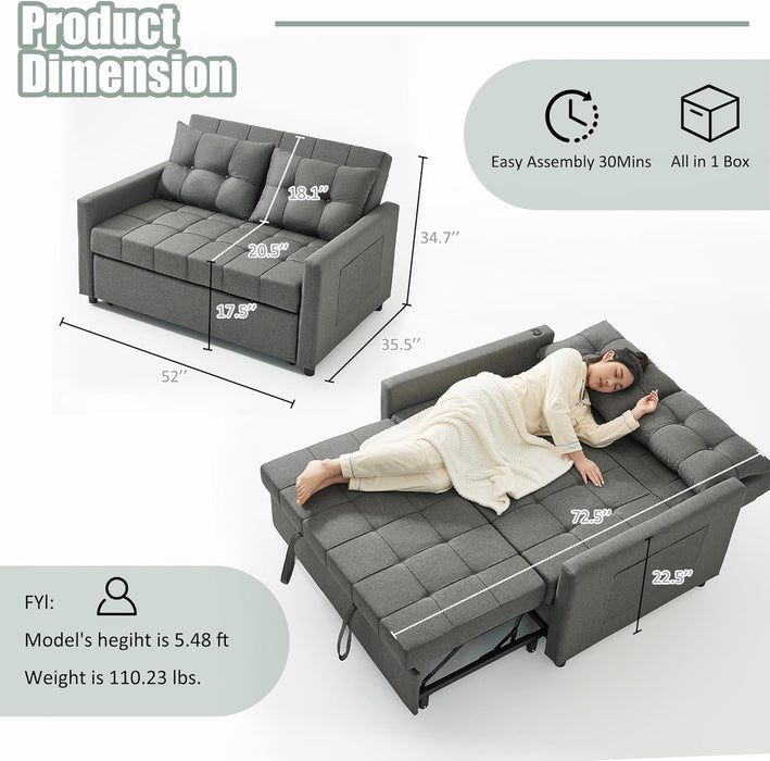 52Inch Sleeper Sofa With Pullout Bed GrayFabricUpholstery