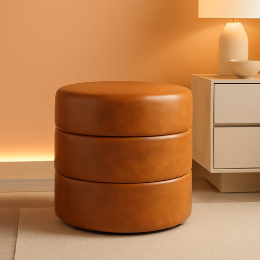 Upholstered Faux Leather round Ottoman (No Lid, Seat Only) |  Home Décor | Foot Rest Pouf – Camel Brown