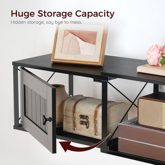 Farmhouse Floating TV Stand with Power Outlet, Wall Mounted Entertainment Center with Doors, Floating Media Console Cabinet with Storage, for Living Room, Bedroom, Black TVBK401E01
