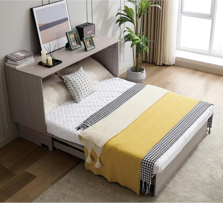 Queen Size Murphy Bed Wall Chest with Oversized Drawers and Folding Foam Mattress,Wood Hideaway Cabinet Platform Bedframe W/Set of Sockets & USB Ports,Space-Saving,For Small Room,Gray