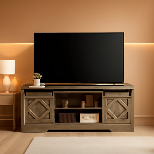 Farmhouse Sliding Barn Door TV Stand for Tvs up to 65 Inch, Modern Storage Entertainment Center, Wood Media Console Table Cabinet 3-Level Adjustable Shelf for Living Room, Wash Grey
