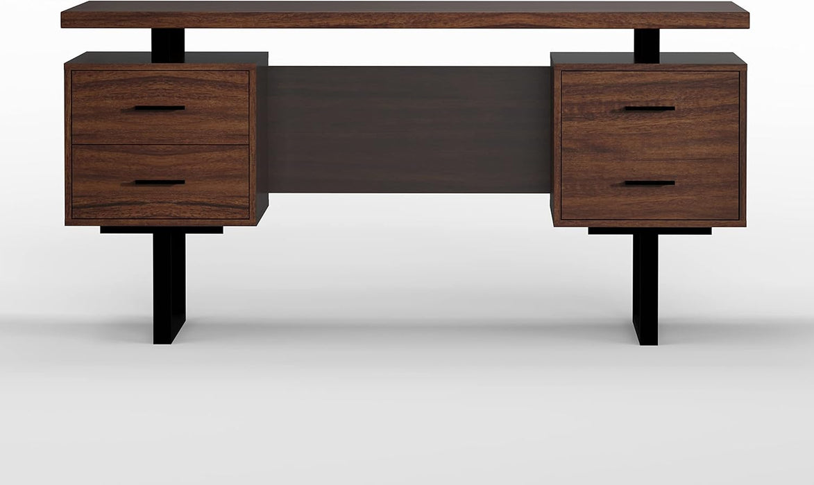60'' Mariposa Home Office Computer Desk - Walnut Top, Walnut Base, Black Metal, Black Hardware