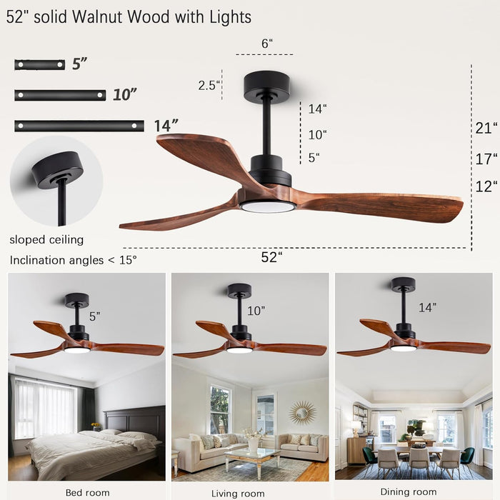 52" Wood Ceiling Fan, (With Light with Remote Control) with 3 Solid Wood Blades, Wooden Ceiling Fan for Indoor and Outdoor Use, Suitable for Living Room, Dining Room, Patio and More.