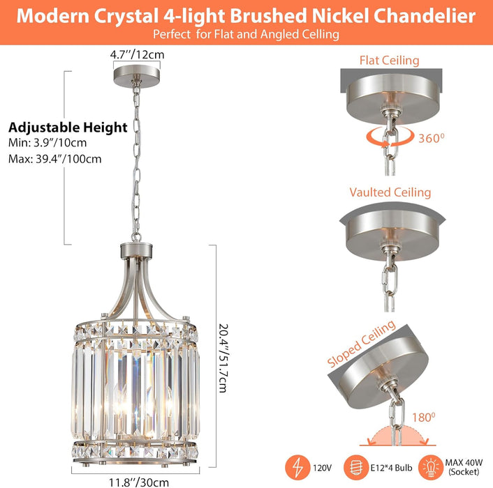 11.8" Modern Crystal Chandelier Brushed Nickel Lantern 4-Light Small Farmhouse Geometric Pendant Lighting Fixture Adjustable Hanging Cage Ceiling Lights for Living Room Dining Room Entryway