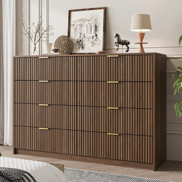 55" Wide Fluted 8-Drawer Double Dresser for Bedroom, Walnut