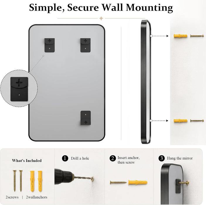 30X40 Inch Black Bathroom Mirror Metal Framed, HD Tempered Glass
