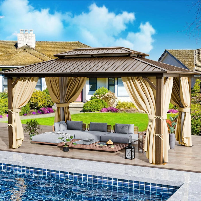 10X12 Hardtop Gazebo Aluminum Gazebos with Galvanized Steel Double Roof Metal Gazebo with Curtains and Netting Permanent Steel Gazebo for Backyard, Garden and Patio, Brown