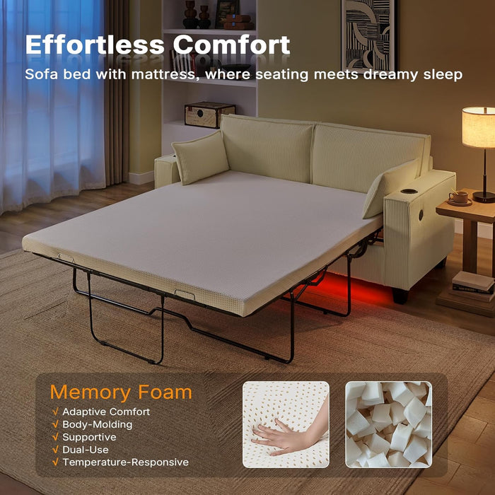 Beige 65-Inch Sleeper Sofa Bed, 2-in-1 Convertible