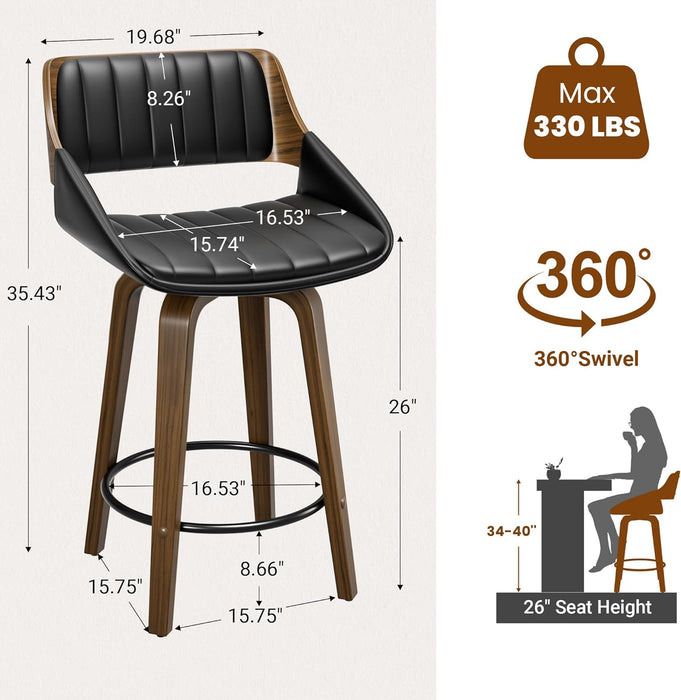 Bar Stools Set of 2, 26" Bentwood Counter Height Barstools, Black | Swivel, Mid Century Modern, Bentwood Back and Footrest, Padded Seat, Upholstered Faux Leather Bar Chair, for Kitchen Island