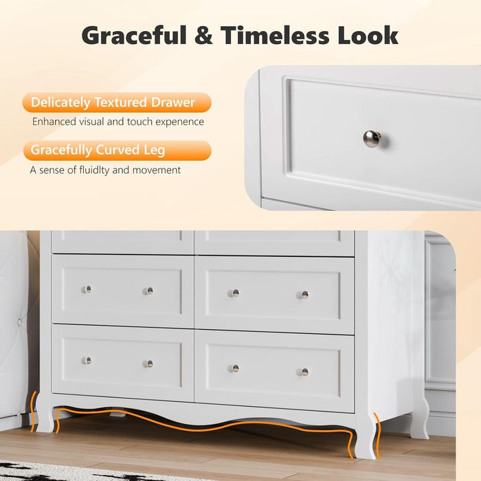 White Dresser 6 Drawer, Wood Dresser Chest of Drawers, Clothes Dressers for Bedroom with Curved Legs and Grooved Drawer Front, French, 47.24" W*15.75" D*33" H
