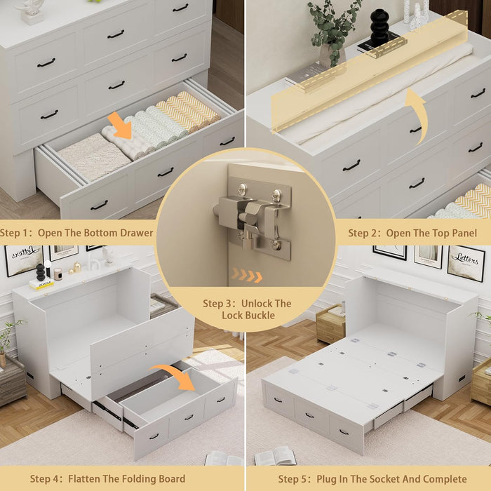Full Size Murphy Bed with Charging Station and Drawer Farmhouse Cabinet Wood Space-Saving Hidden Folding Platform Bed Chest for Home Office Bedroom Guest Room Apartment,White
