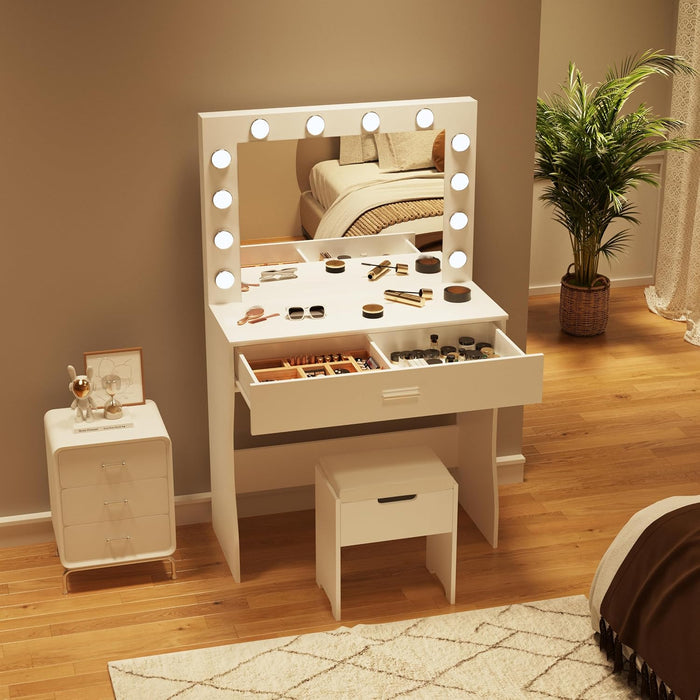 Vanity Desk with Mirror and Lights, Adjustable Brightness, White Vanity Table Set with Storage Drawer,Makeup Vanity Set with Cushioned Chair