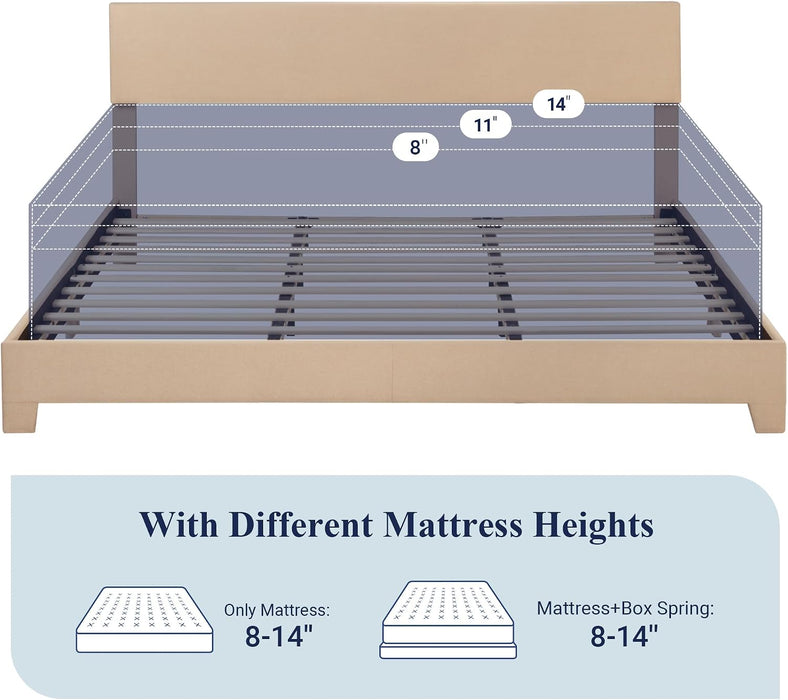 King Size Upholstered Bed Frame Adjustable Headboard, Beige