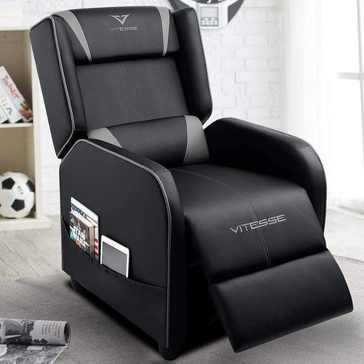 Gaming Recliner Chair Racing Style Single PU Leather Sofa Modern Living Room Recliners Ergonomic Comfortable Home Theater Seating, Grey