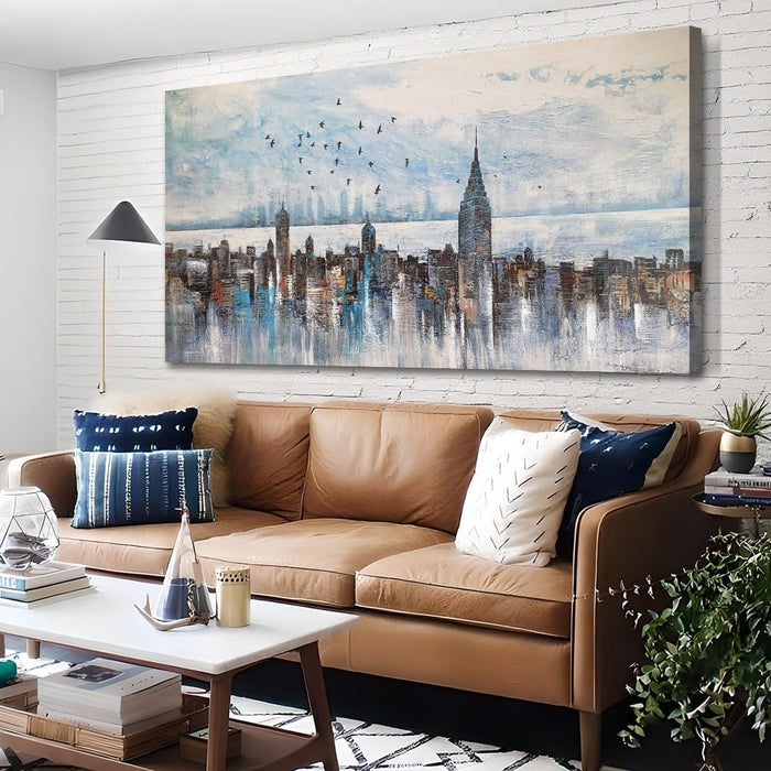 Cityscape Wall Art New York City Skyline Canvas Picture Living Room, Modern Abstract Grey NYC Painting Framed Artwork for Bedroom Home Office Mens Room Wall Decor, Extra Large 58"X29"