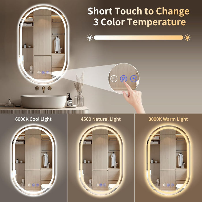 Oval LED Bathroom Mirror, 24"X 36" Frameless LED Mirror with Front Light and Backlit, Anti-Fog, Dimmable Modern Wall Mounted Lighted Mirror, Pill-Shaped Smart Mirror Bathroom
