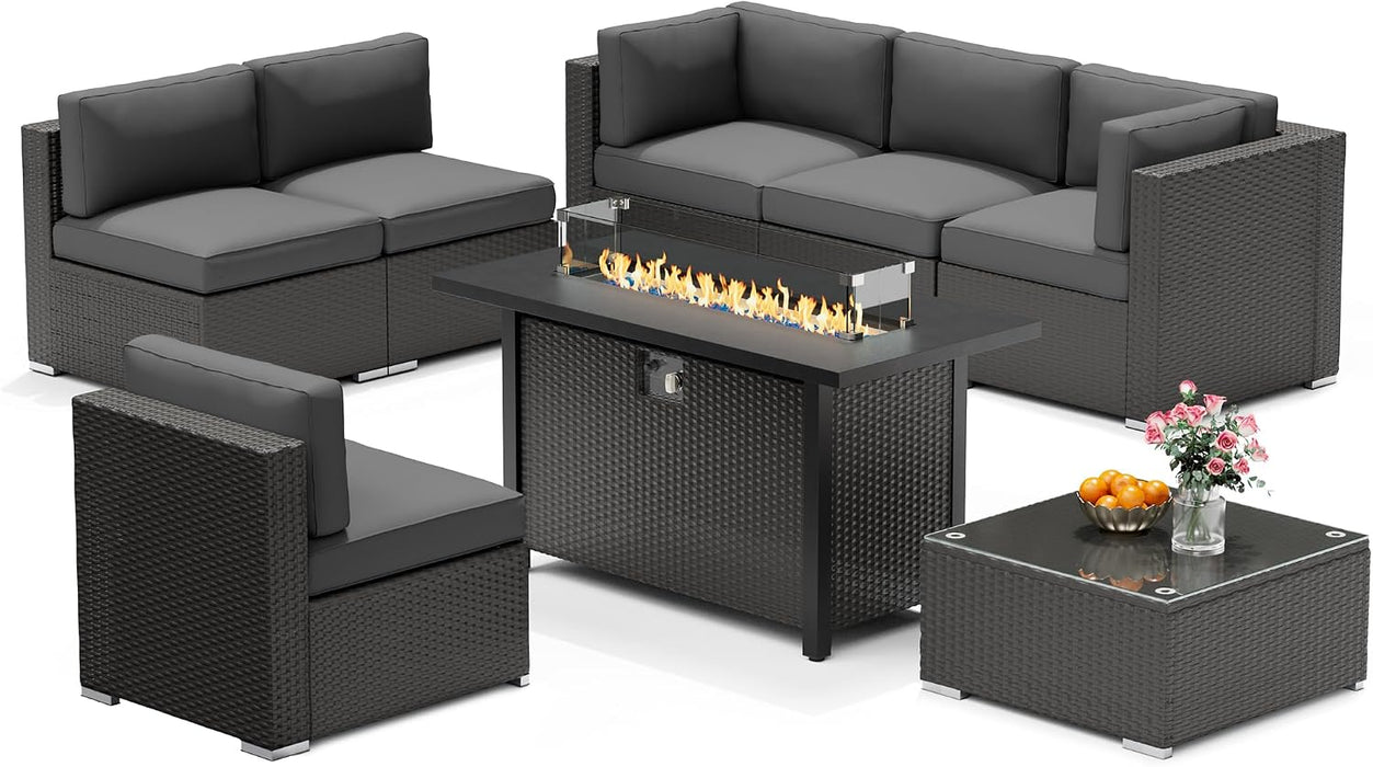 8-Piece Outdoor Patio Furniture Sofa Set All-Weather Wicker Sectional Conversation Set with Modern Glass Coffee Table, Cushions and Fire Pit Table, Dark Grey