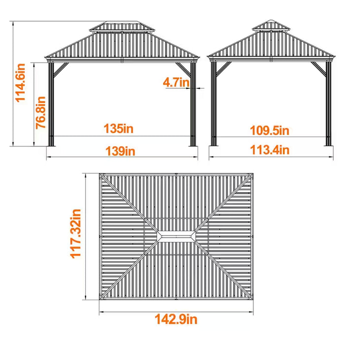 12 Ft. X 10 Ft. Wood Grain Aluminum Hardtop Gazebo Double Roof with Curtains and Netting