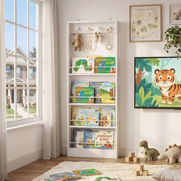 White Wall-Mounted 4-Tier Kids' Bookshelf Organizer