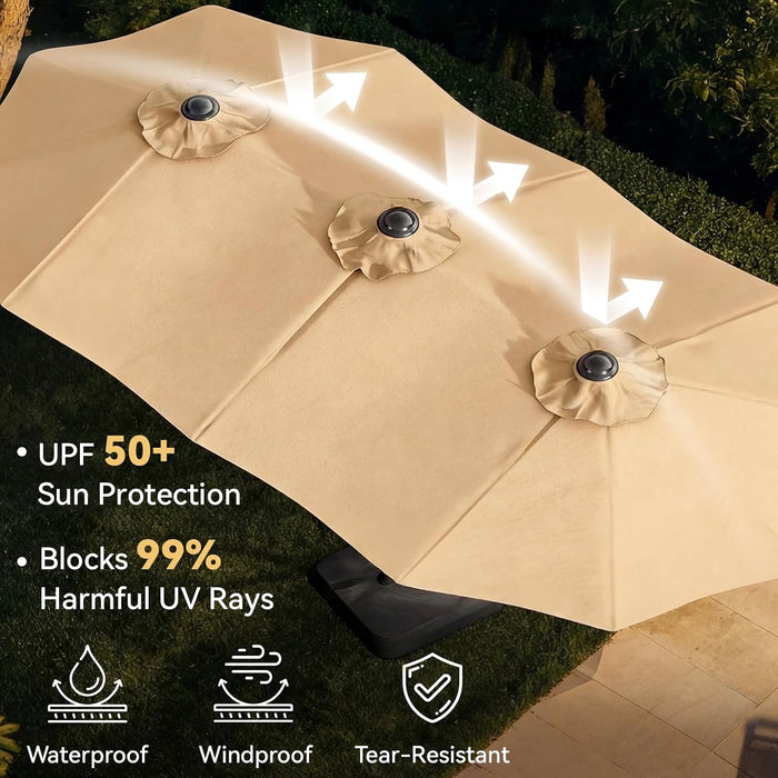 15Ft Patio Umbrella with Base Included, Outdoor Double-Sided Rectangular Umbrella with Crank Handle & Ventilation, Large Standing Umbrella for Pool, Deck, Lawn, Backyard & Beach, Beige