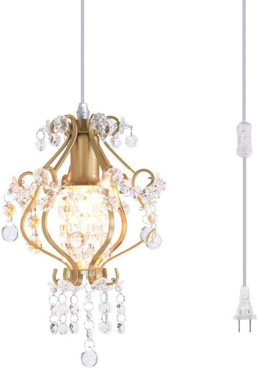 Elegant Mini Chandelier Plug in Crystal Pendant Light,Golden