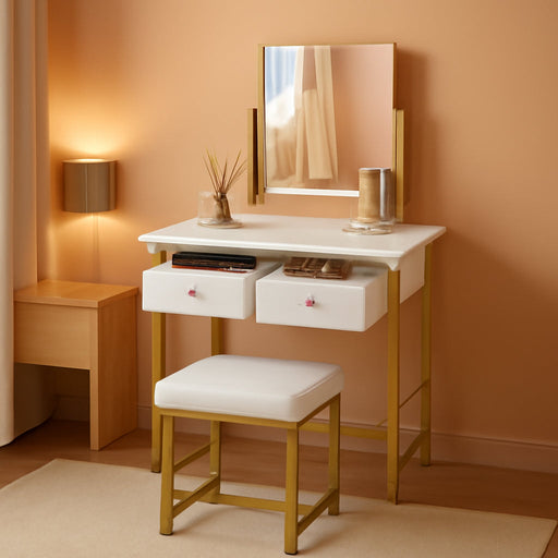 Small Makeup Vanity Desk with Mirror & Chair, Mini Vanity Desk Table Set with Fabric Storage Drawer, 19.7" Compact Vanity Desk for Girls, Dressing Table with Chair for Bedroom, White Golden