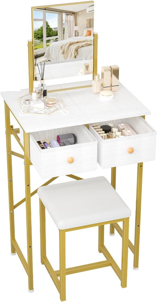 Small Makeup Vanity Desk with Mirror & Chair, Mini Vanity Desk Table Set with Fabric Storage Drawer, 19.7" Compact Vanity Desk for Girls, Dressing Table with Chair for Bedroom, White Golden