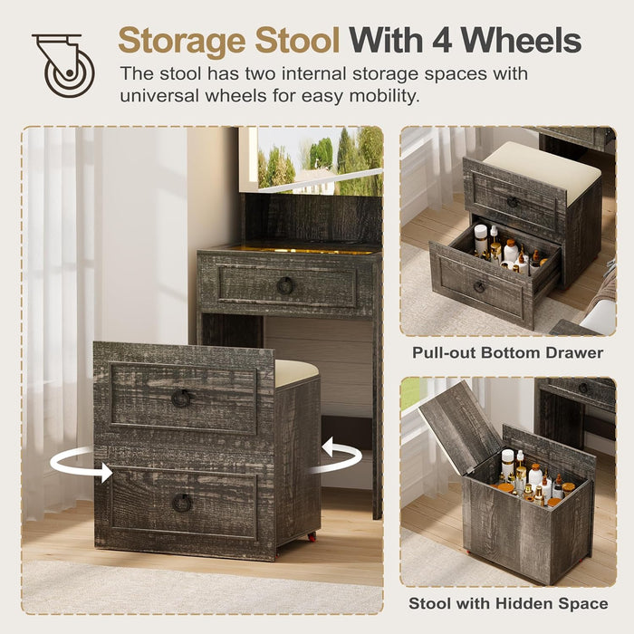 Small Vanity Desk with Mirror and Lights, Modern Glass Top Dressing Table with Wheels & Charging Station, Compact Makeup Vanity Set with Jewelry Space & Hidden Storage Stool (Rustic Brown)