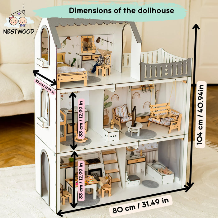 Handcrafted White Dollhouse with Swing and Balcony - Personalizable Playhouse for Endless Imagination