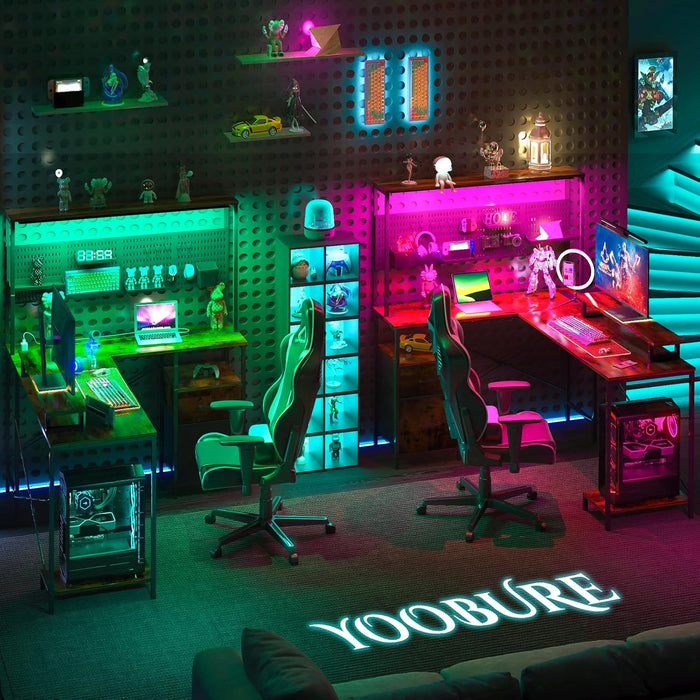 L Shaped Desk with Pegboard, Reversible Computer Desk with Drawers & Storage Shelves, Gaming Desk with LED Lights & Power Outlets, Office Desk with Monitor Stand Corner Desk Home Office Desks