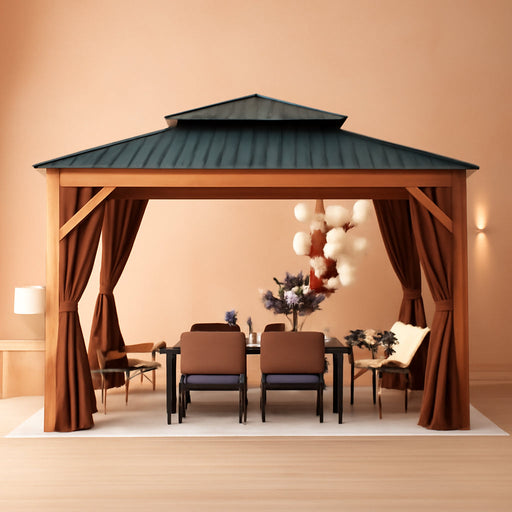 10'X12' Hardtop Wood Gazebo, Cedar Frame Outdoor Pavilion with Double Galvanized Steel Roof, Curtains and Netting Included, Ceiling Hook for Patio Backyard Deck Lawn Garden