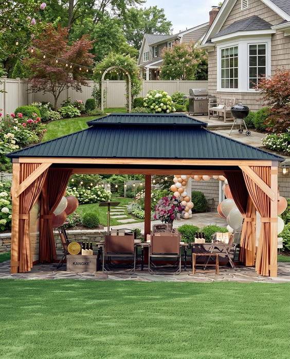 10'X12' Hardtop Wood Gazebo, Cedar Frame Outdoor Pavilion with Double Galvanized Steel Roof, Curtains and Netting Included, Ceiling Hook for Patio Backyard Deck Lawn Garden