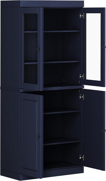 Solid Wood Bookcase - 6-Tier Bookshelf, 71.5” H X 32” W - Navy Blue, Clear Glass Doors & Storage Cabinet, Tall Bookcase for Living Room, 100% Renewable Eco-Friendly Wood, Made in Brazil