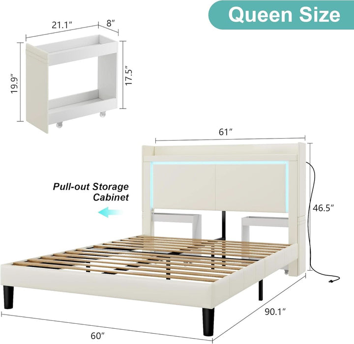 Queen PU Upholstered LED Bed Frame with Rolling Storage Nightstands, Bed Frame Queen Size with Charging Station, Wooden Slats Support, No Box Spring Needed, Noiseless, Beige White