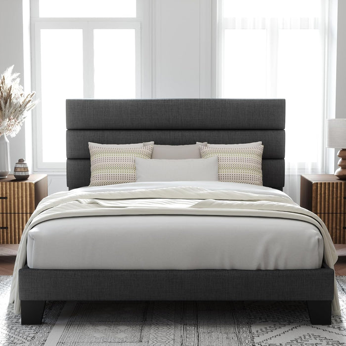 Full Size Platform Bed Frame with Fabric Upholstered Headboard Gray