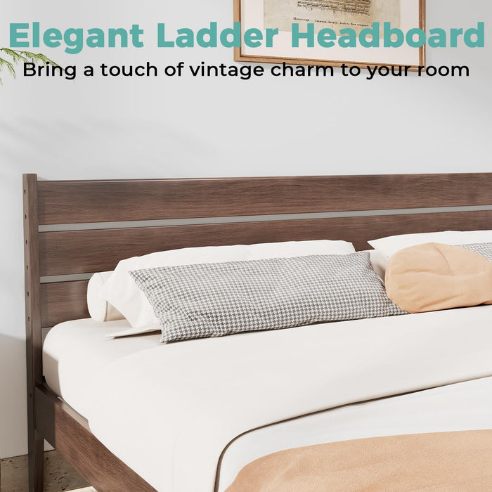 King Bed Frame and Ladder Headboard, Solid Wood Bed Frame with Storage, Malaysian Oak Platform Beds with Wooden Slats, No Box Spring Needed, Easy Assembly, King Size, Antique Espresso