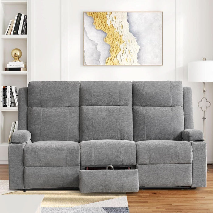 75'' Manual Reclining Sofa with Storage Drawer, 3 Seat Wall Hugger Recliner Couch with Cup Holders, Side Pockets, Chenille Fabric, Compact 3-Person Recliner for RV, Living Room, Apartment (Grey)