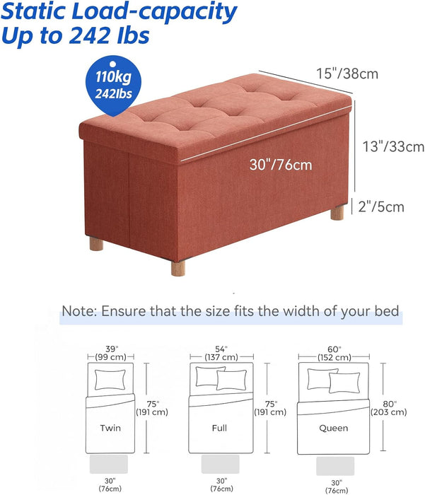 30 Inches Folding Storage Ottoman Bench, Ottoman with Storage Bench for Bedroom, Living Room, Entryway, Foot Rest with Legs, Orange