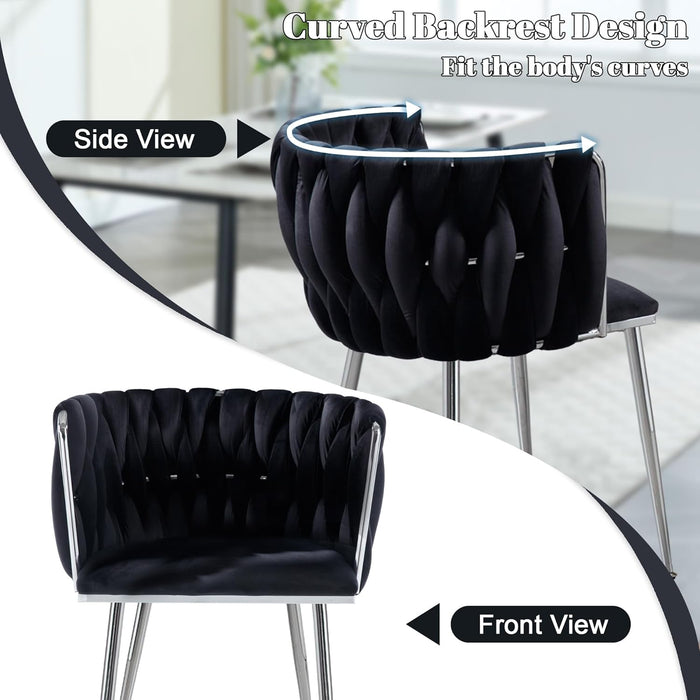Velvet Dining Chairs Set of 2, Woven Upholstered Side Chairs with Silver Metal Legs, Modern Accent Leisure Chairs Kitchen & Dining Room Chair for Bedroom Living Room, Black
