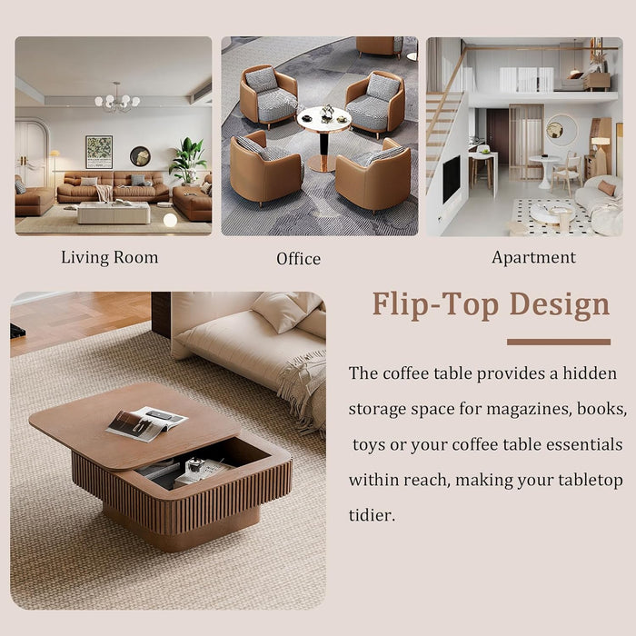 31.5 Inch Square Drum Coffee Table with Storage, Modern Handcraft Fluted Drum Coffee Table, Wooden Square Center Table Cocktail Tea Table with Sturdy Pedestal for Living Room Apartment (Walnut)