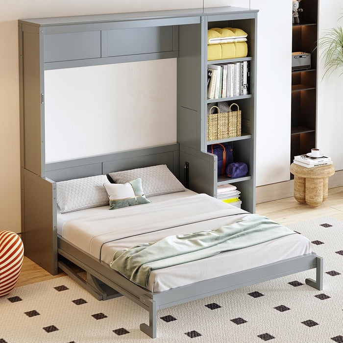 Murphy Bed Wall Bed, Fold-Down Wall-Mounted Bed with Desk and Bookshelf, Space-Saving Guest for Small Rooms, Easy Assembly, Full/Queen Size (Gray, Full)
