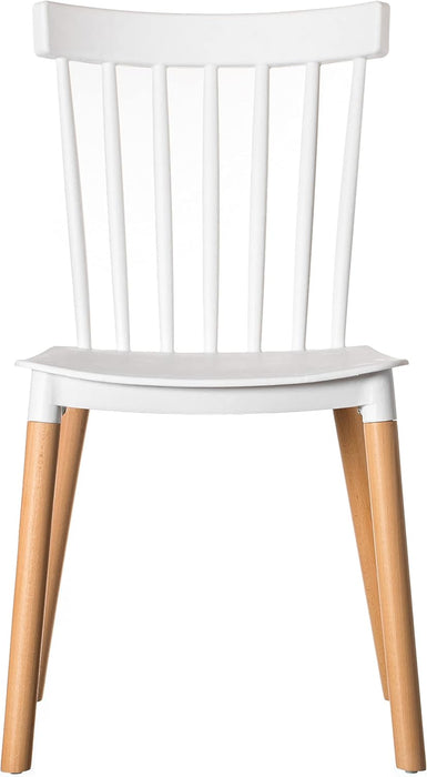 Mid Century Modern Dining Chairs Set of 2, White Plastic Windsor Design, Beech Wood Legs, Armless Scandinavian Kitchen & Dining Room Chairs