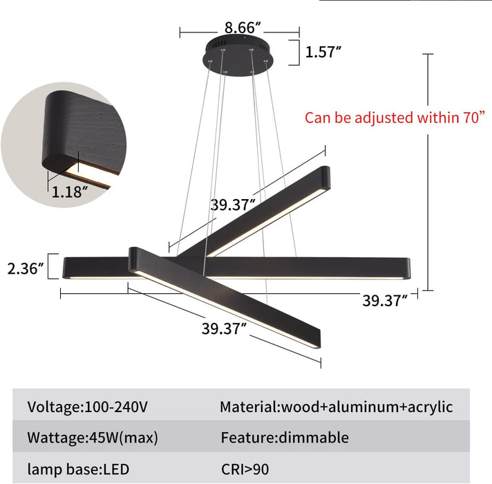 Black 3-Light Solid Wood Linear Pendant Chandelier