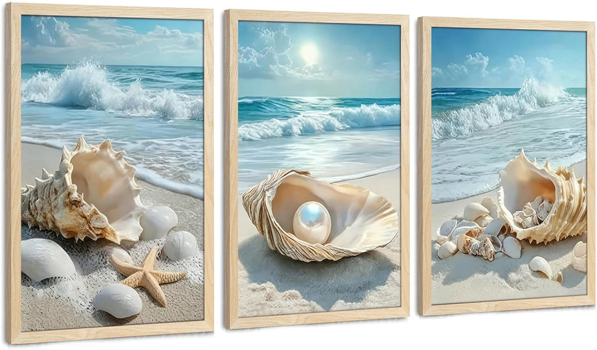 Triptych Coastal Shell Pearl Framed Canvas Wall Art 20X30 Inch X3 | Wooden Frame, Uv-Resistant Ink, Giclée Printing Process, Pre-Installed Hooks Make It Easy to Hang Home or Office Wall Decor